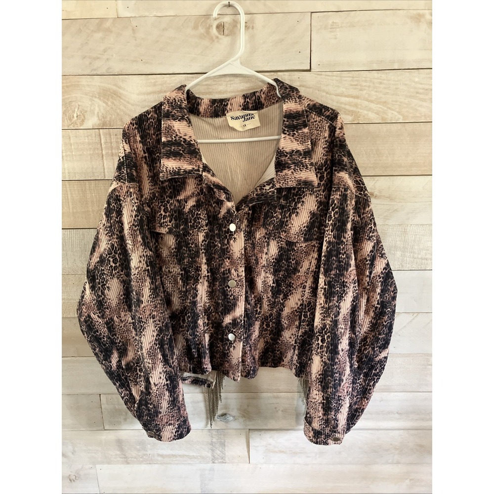 Savanna Jane Leopard Animal Print Soft Ribbed Corduroy Button Up Jacket Size 1X